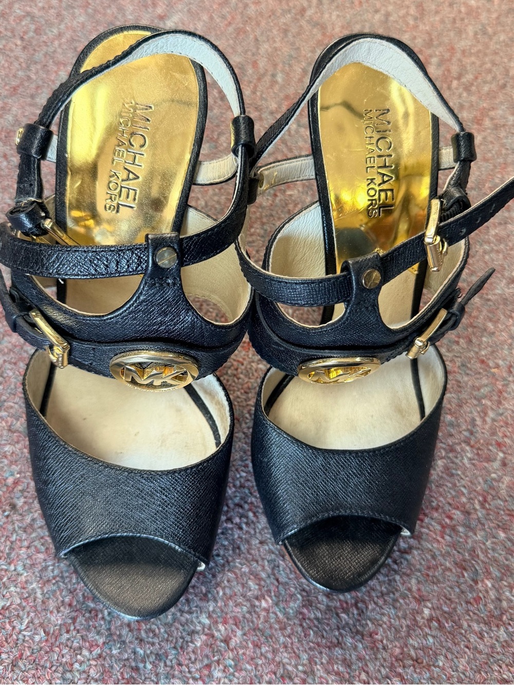 Michael Kors Black Open-Toe Slingback Heels with Gold Logo